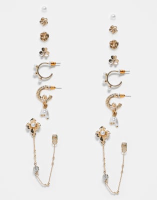 ASOS DESIGN - Multipack goldfarbener Ohrringe mit Blumen- und Zierperlen-Designs