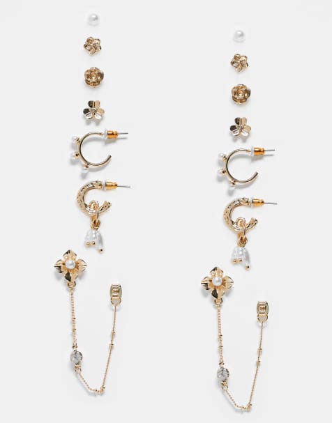 ASOS DESIGN – Multipack goldfarbener Ohrringe mit Blumen- und Zierperlen-Designs - view 1