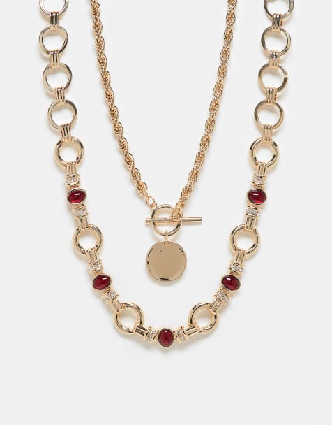 ASOS DESIGN multipack necklaces with chunky chains and burgundy stone set details in gold tone - view 1