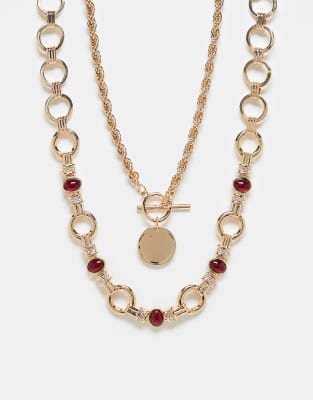 Asos Design Multipack Necklaces With Chunky Chains And Colored Stone Set Details In Gold