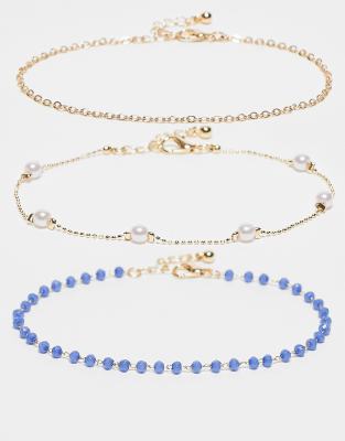 Asos Design Multipack Of Anklets With Blue Beads And Faux Pearls