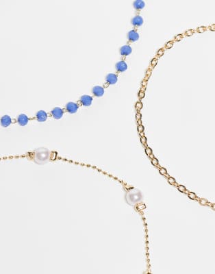 Asos Design Multipack Of Anklets With Blue Beads And Faux Pearls