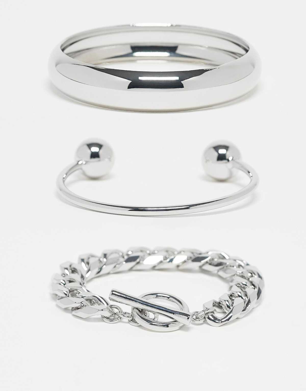 ASOS DESIGN multipack of mixed bangles and bracelets in silver tone