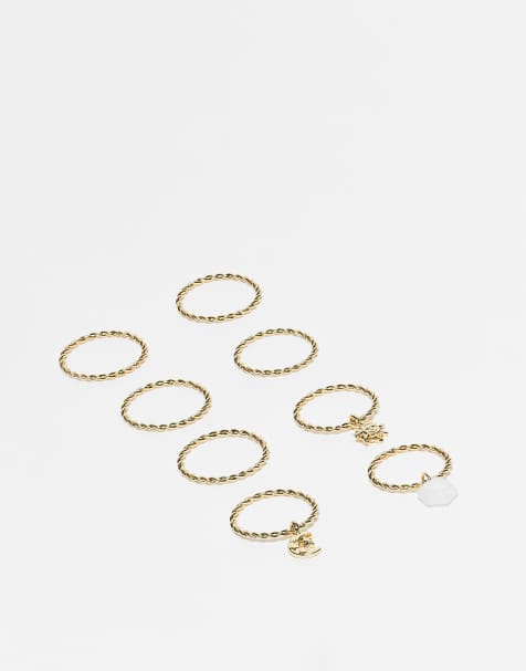 ASOS DESIGN – Multipack Ringe in Gold-Optik mit Anhänger-Details - view 1
