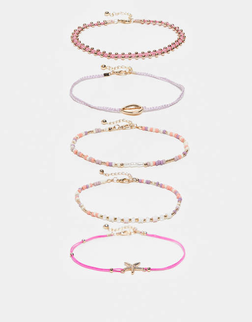 ASOS DESIGN - Multipack van enkelbandjes in roze en oranje met zeelevenhangers