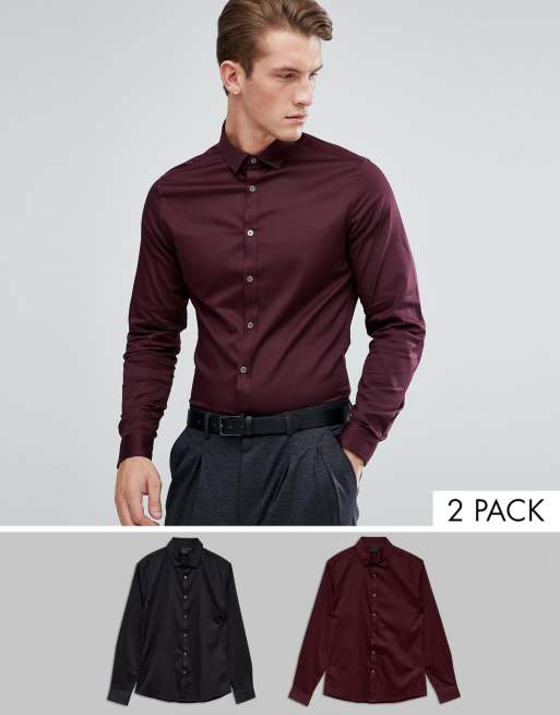 ASOS DESIGN - Multipack van slim-fit satijnen overhemden in zwart en bordeauxrood
