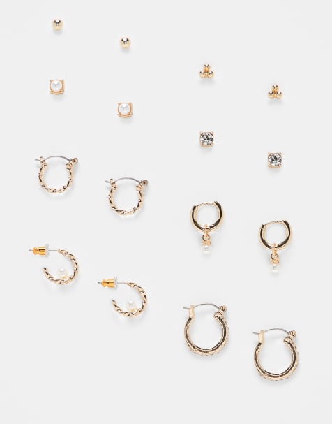 ASOS DESIGN - Multipakke med guldfarvede blandede hoop-øreringe og ørestikkere med imiterede perler - view 1