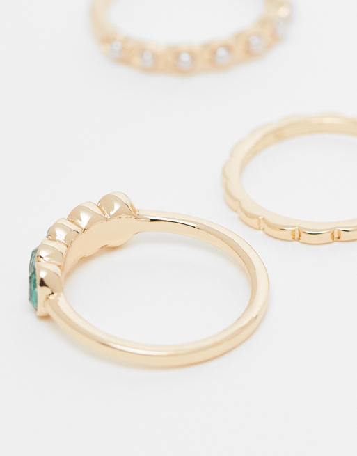 ASOS DESIGN - Multipakke med guldfarvede ringe med blå sten og imiterede perler, 2 af 3