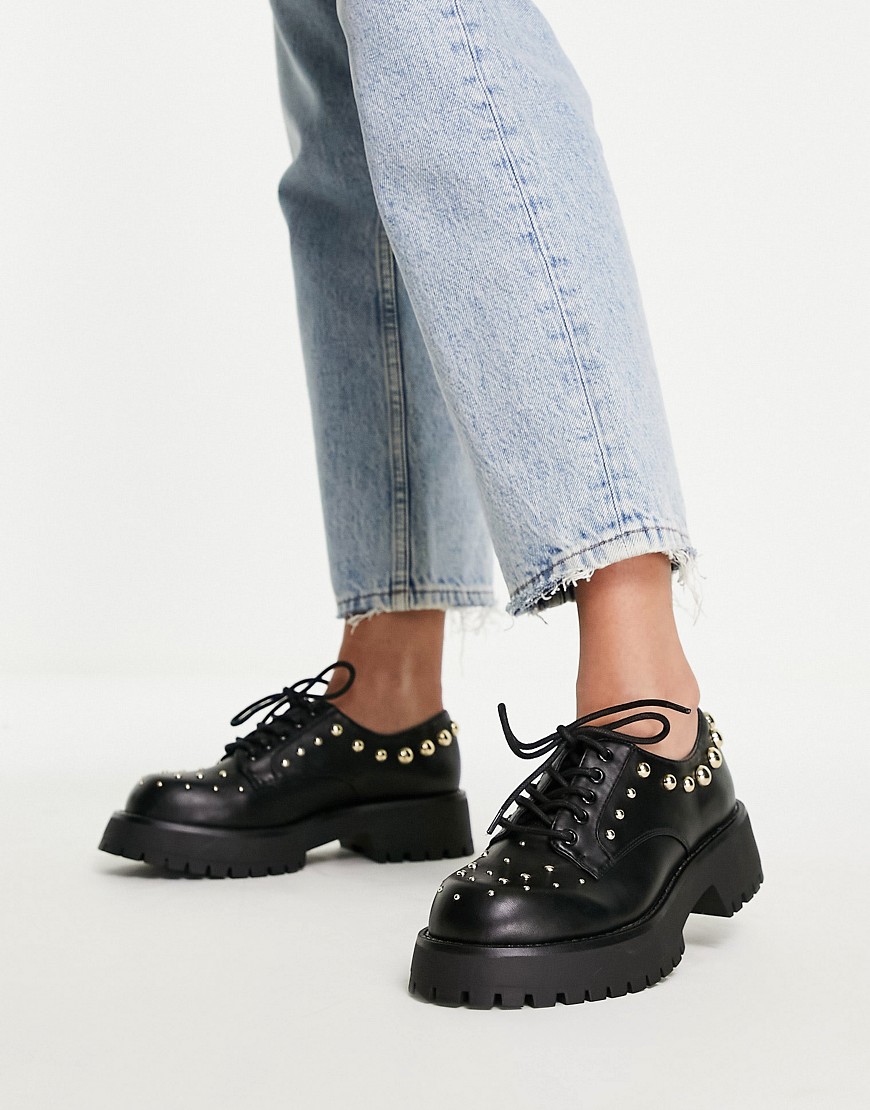 ASOS DESIGN Multiple studded chunky lace up flat shoes in black
