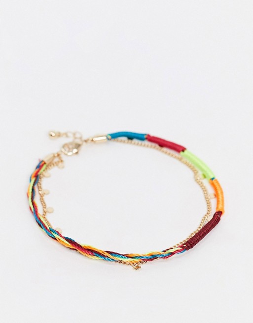 ASOS DESIGN multirow anklet with colourful thread and disc chain in gold tone