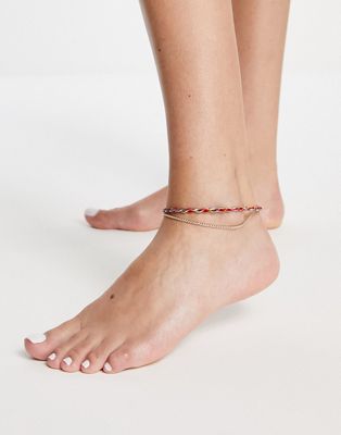 ASOS DESIGN multirow anklet with twisted thread and fine chain in gold tone