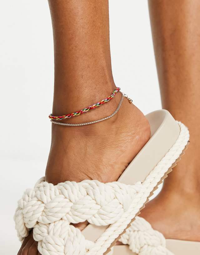 ASOS DESIGN multirow anklet with twisted thread and fine chain in gold tone