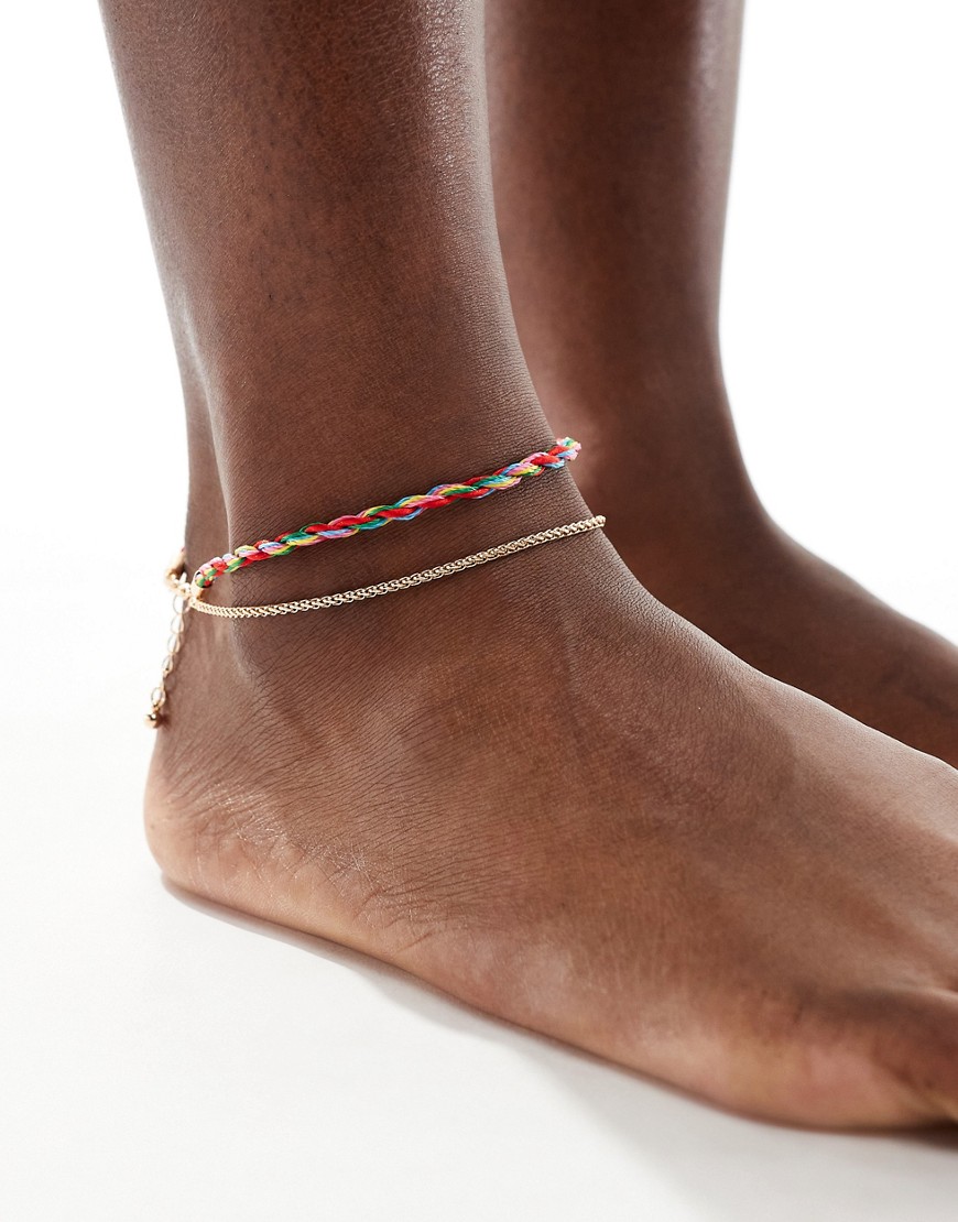 Asos Design Multirow Anklet With Twisted Thread And Fine Chain In Gold Tone