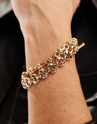 multirow bracelet with chunky chain T-bar detail in gold tone