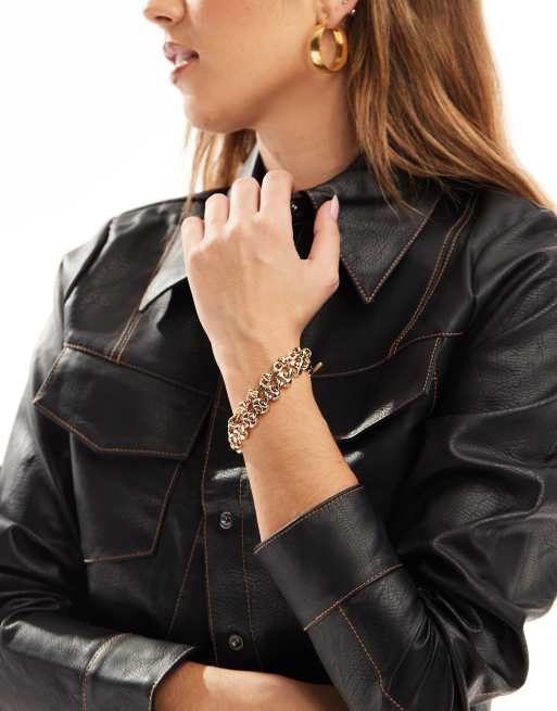 ASOS DESIGN multirow bracelet with chunky chain T-bar detail in gold tone, 2 of 3