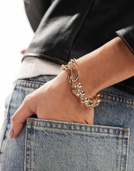 ASOS DESIGN multirow bracelet with chunky chain T-bar detail in gold tone, 3 of 3