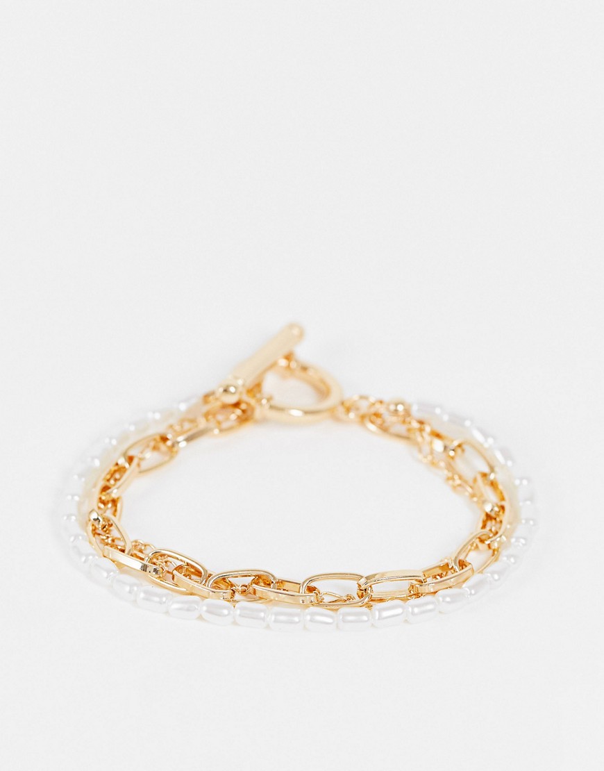 ASOS DESIGN multirow bracelet with pearl and mixed chain in gold tone