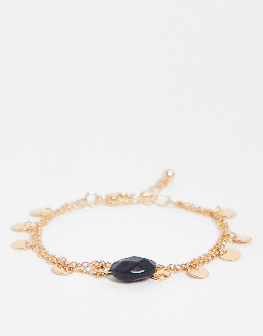 ASOS DESIGN multirow bracelet with semi precious stone and disk chain in gold tone