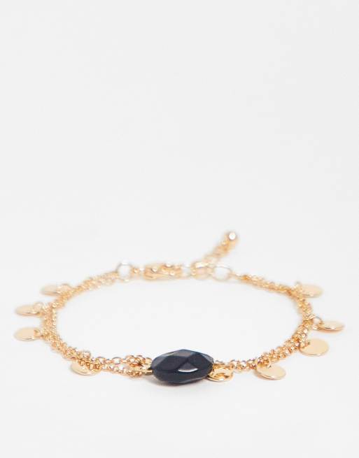 ASOS DESIGN multirow bracelet with semi precious stone and disk chain in gold tone