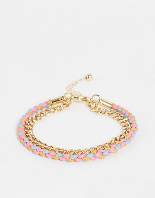 ASOS DESIGN multirow bracelet with thread and chain in gold tone
