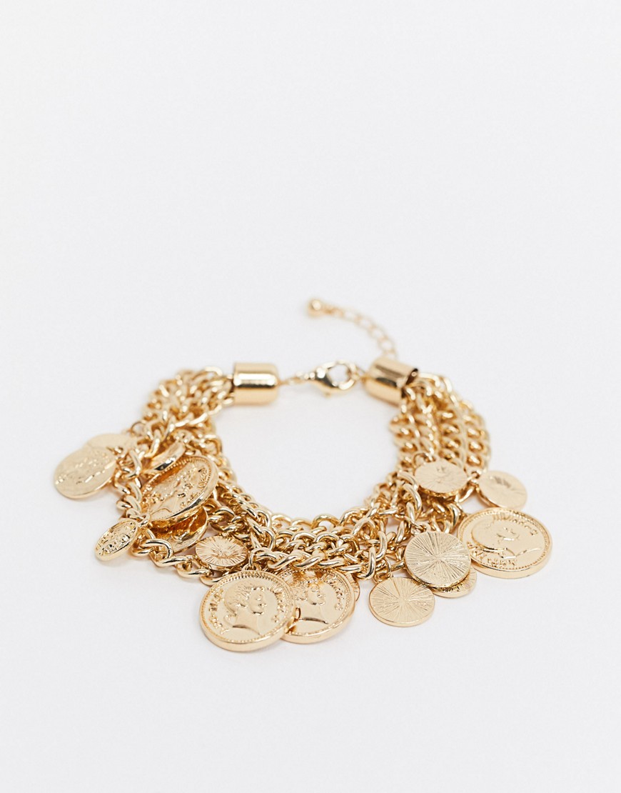 ASOS DESIGN multirow chain bracelet with vintage coin charm in gold tone