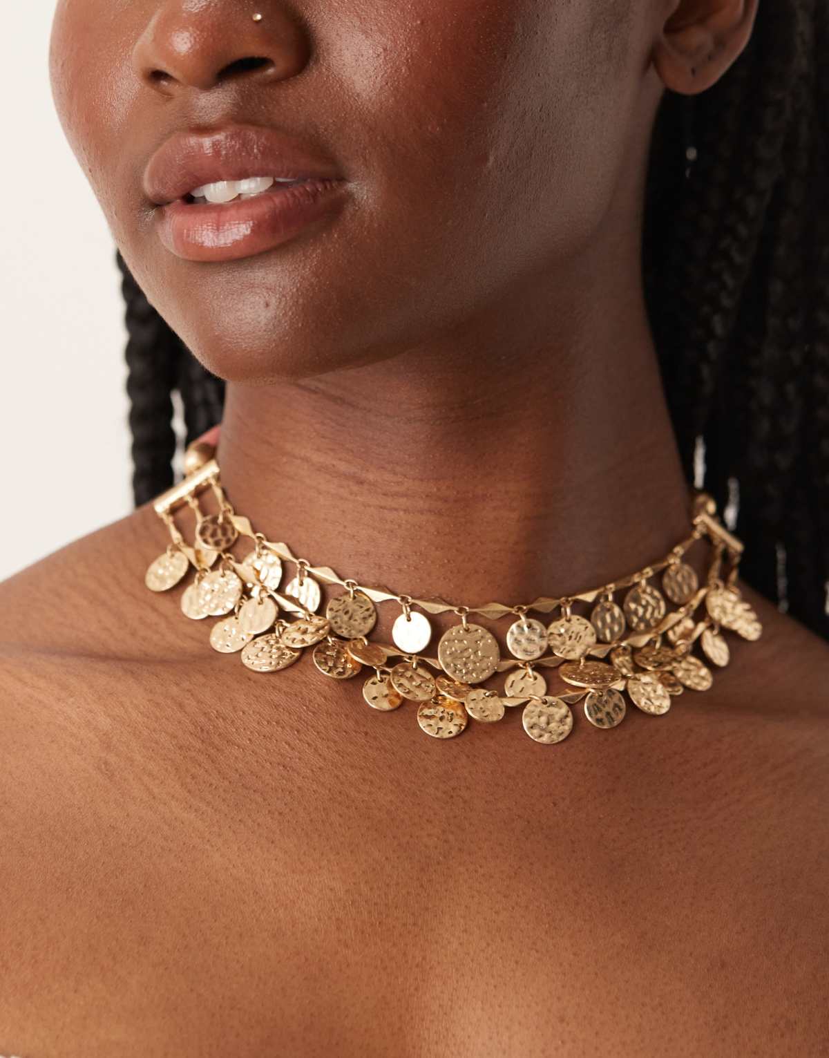 ASOS DESIGN multirow coin pendant necklace with ribbon detail in pink