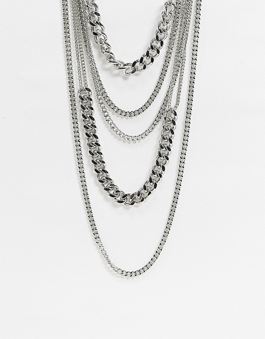 Asos Design Multirow Necklace In Layered Curb Chains In Silver Tone