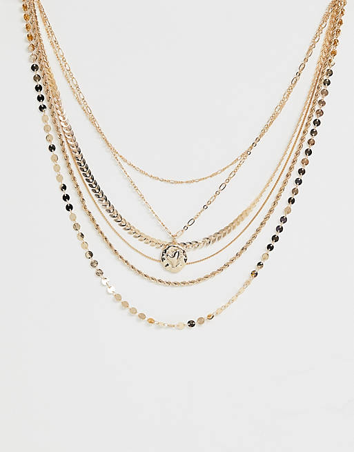 ASOS DESIGN multirow necklace mixed design chains and molten coin pendant in gold tone