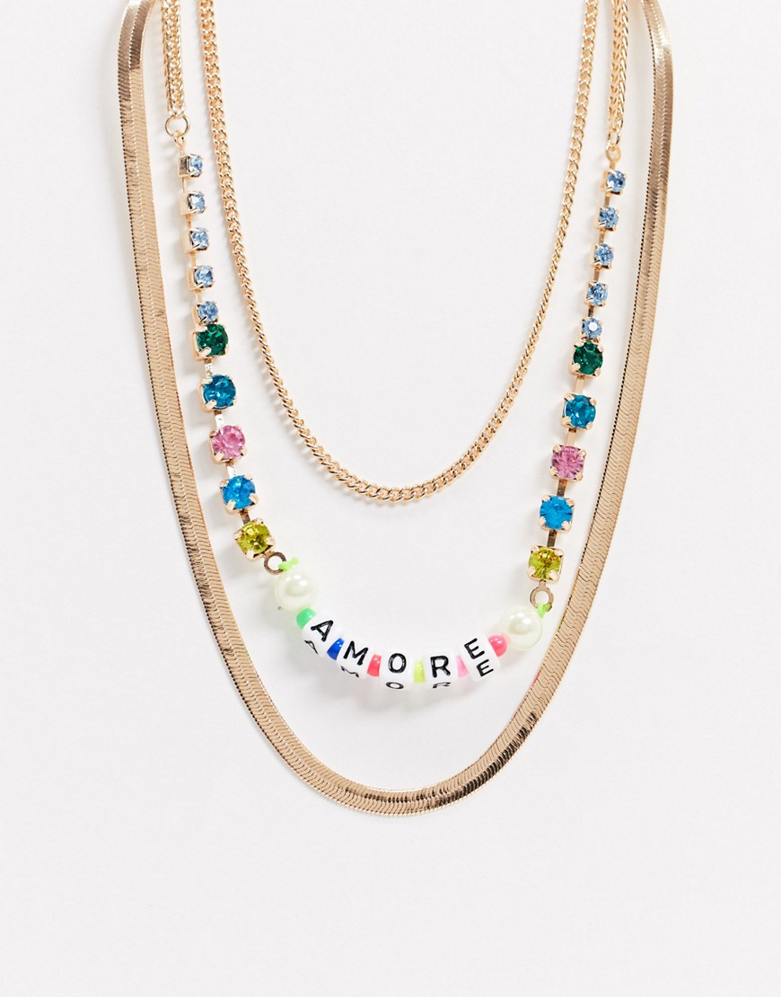 ASOS DESIGN multirow necklace with amore letter beads and colourful crystals in gold tone