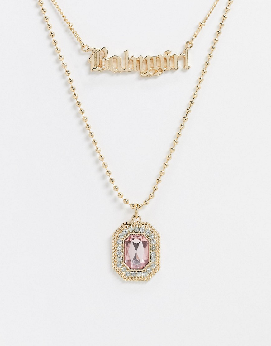 ASOS DESIGN multirow necklace with babygirl gothic font and jewel pendant in gold tone