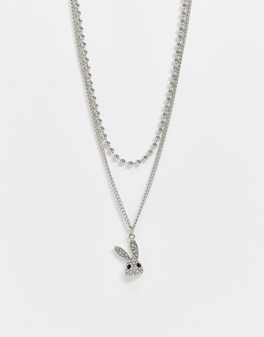 ASOS DESIGN multirow necklace with bunny pendant in silver tone