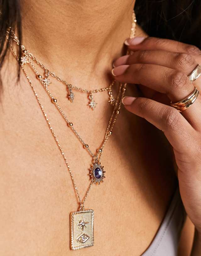 ASOS DESIGN multirow necklace with celestial and vintage pendant in gold tone 2