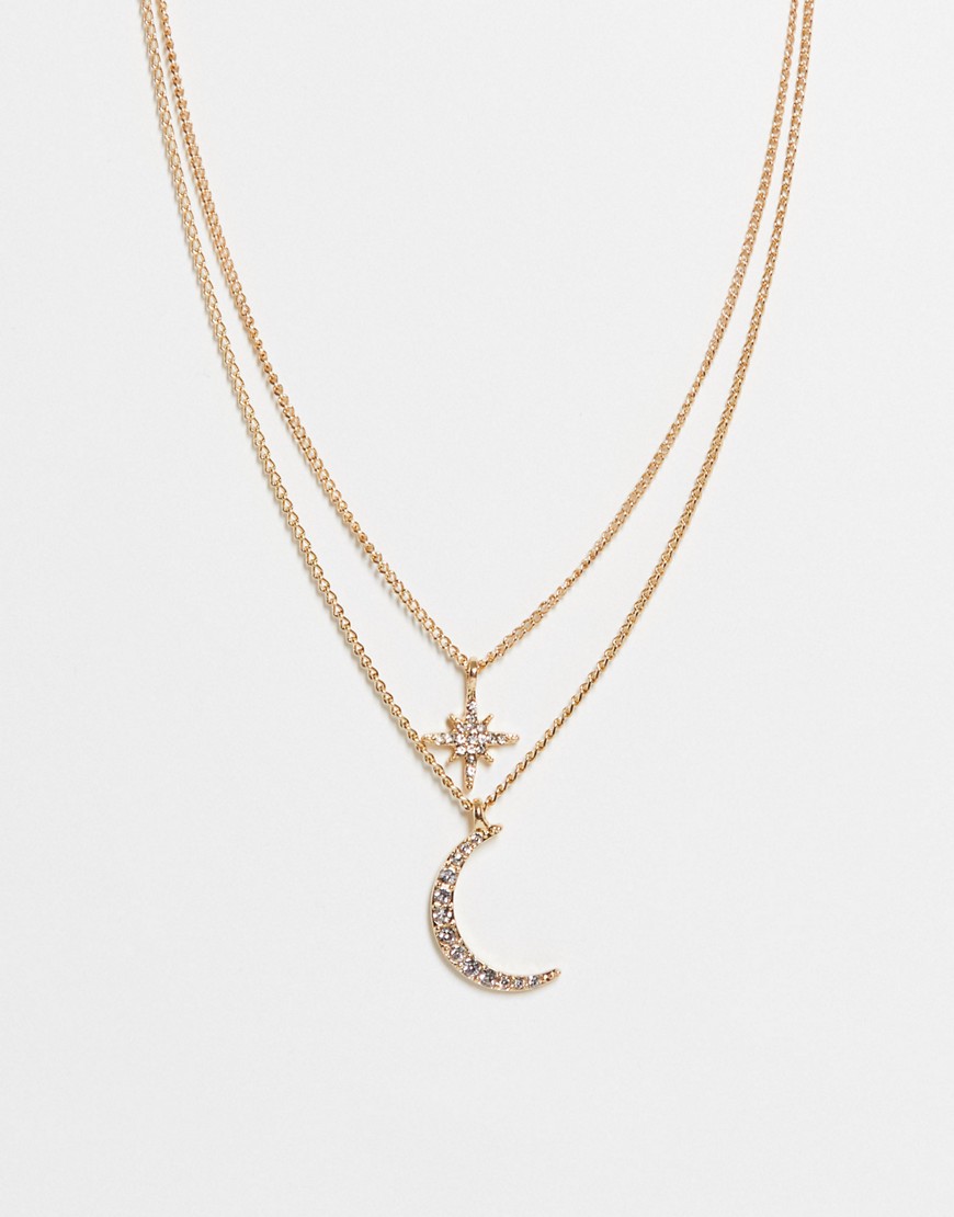 ASOS DESIGN multirow necklace with celestial star and moon in gold tone