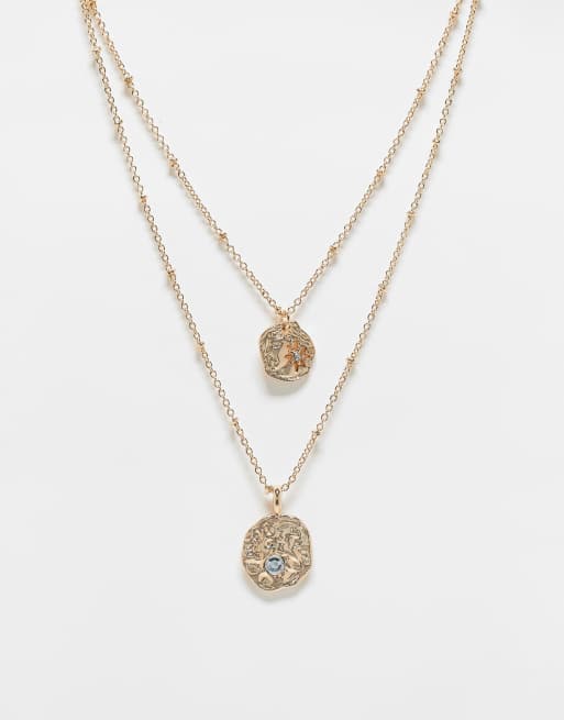 ASOS DESIGN multirow necklace with chain and celestial design in gold tone