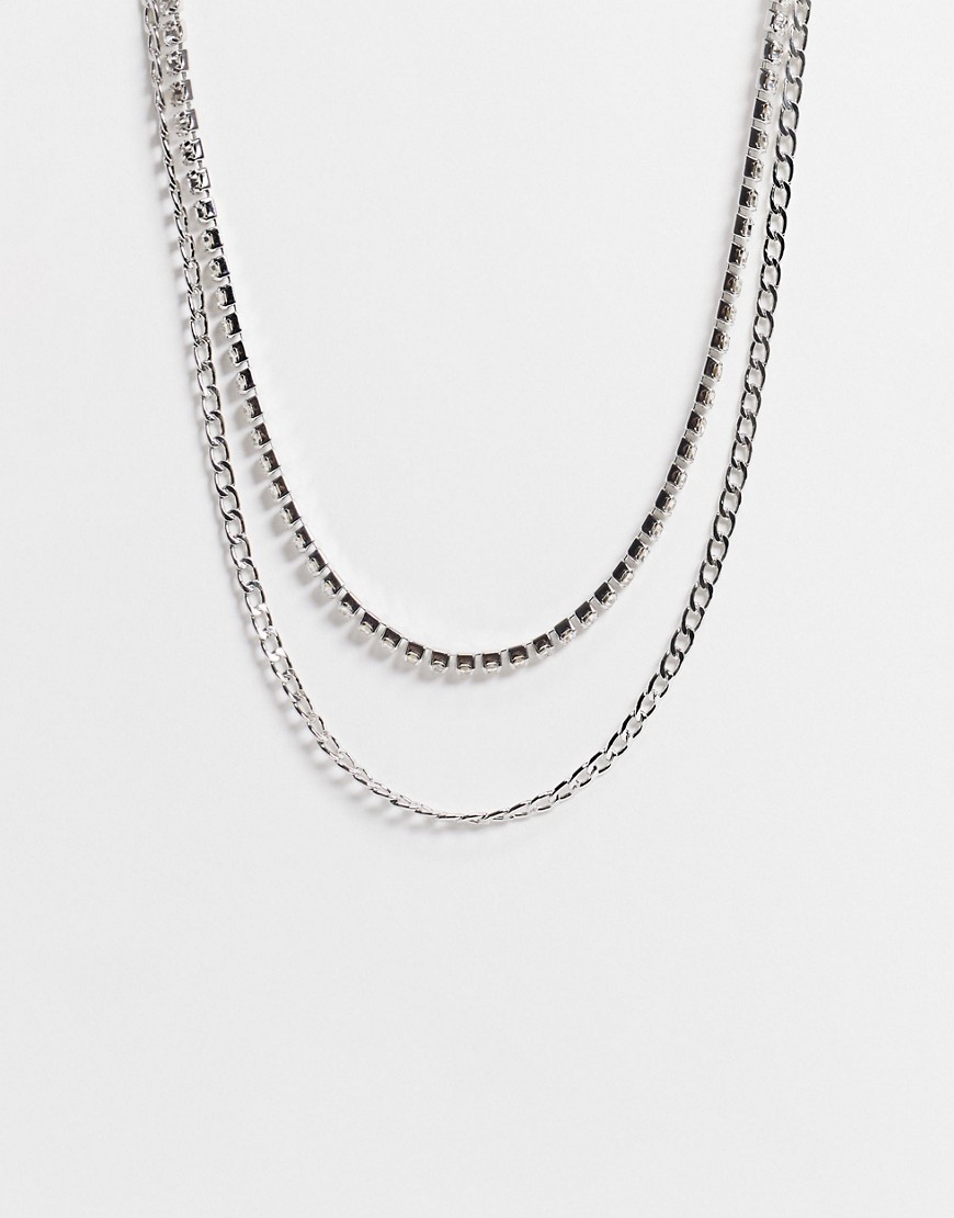 ASOS DESIGN multirow necklace with crystals in silver tone