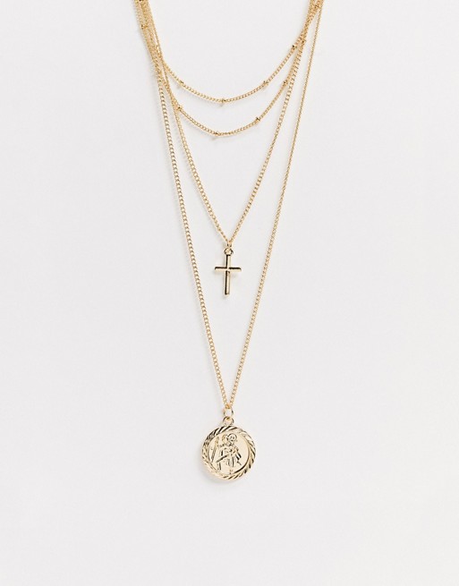 ASOS DESIGN multirow necklace with dot dash chain choker and coin in gold tone