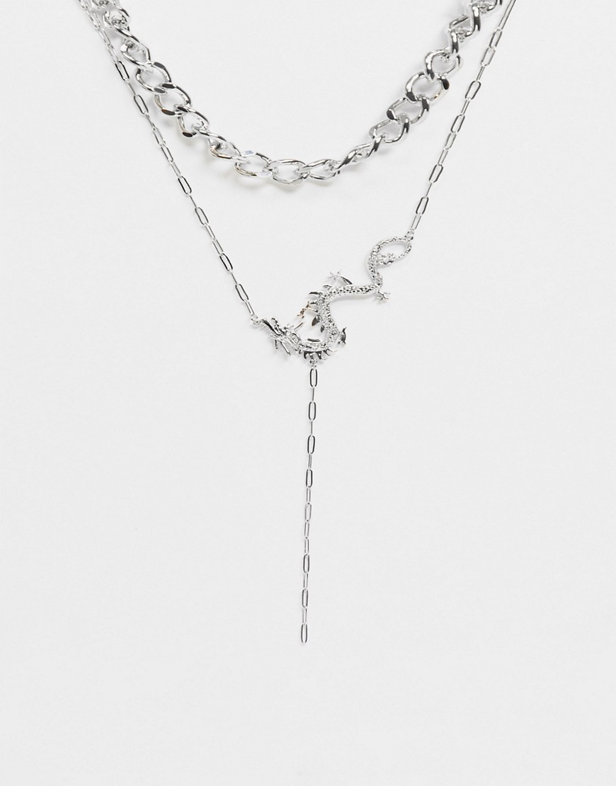ASOS DESIGN multirow necklace with dragon lariat in silver tone