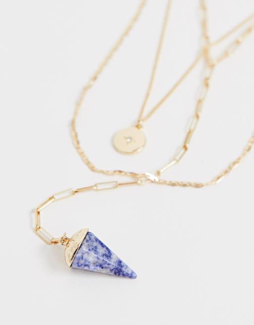 ASOS DESIGN multirow necklace with engraved crystal star coin and semi-precious stone pendant in gold tone, 2 of 4