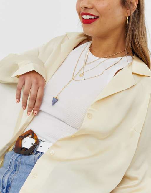 ASOS DESIGN multirow necklace with engraved crystal star coin and semi-precious stone pendant in gold tone, 3 of 4
