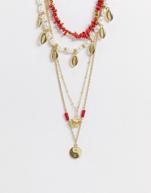 ASOS DESIGN multirow necklace with faux coral and shell beads in gold tone