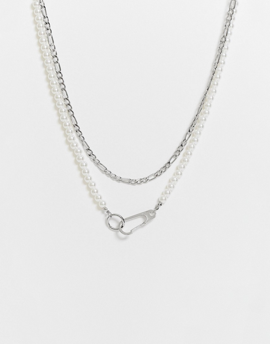 ASOS DESIGN multirow necklace with faux pearl and clasp in silver tone