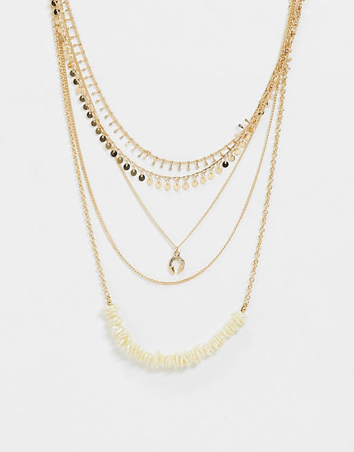 ASOS DESIGN multirow necklace with faux pearl horn pendant and disc chain in gold tone