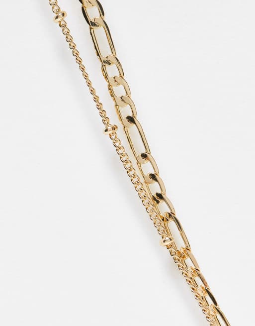 ASOS DESIGN multirow necklace with figaro chain and pearl detail in gold tone, 3 of 4