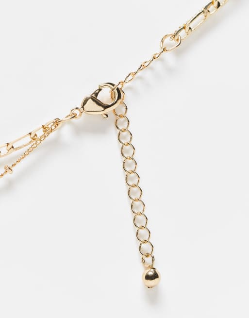 ASOS DESIGN multirow necklace with figaro chain and pearl detail in gold tone, 4 of 4