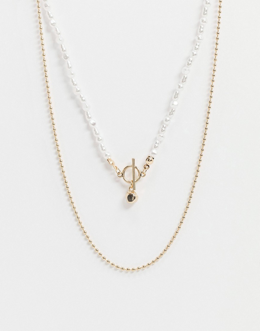 ASOS DESIGN multirow necklace with fine pearl t bar and ball chain in gold tone