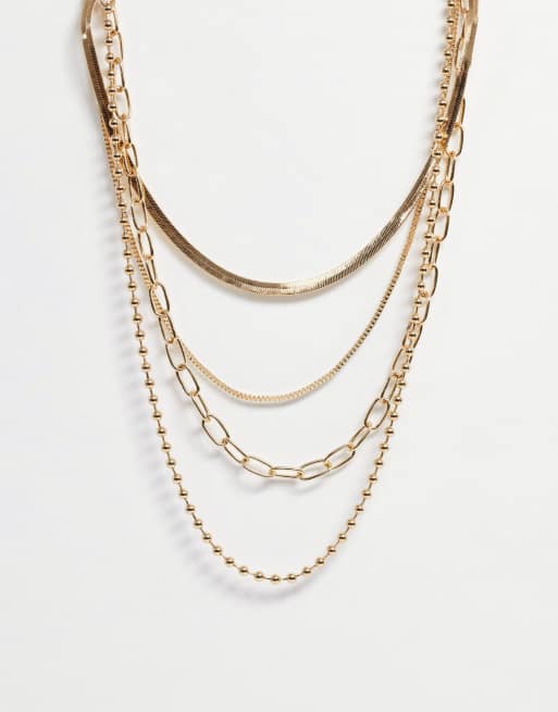 ASOS DESIGN multirow necklace with flat snake and ball chain in gold tone