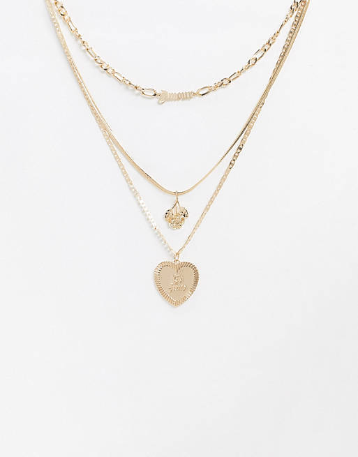 ASOS DESIGN multirow necklace with gothic font amour and romantic pendants in gold tone