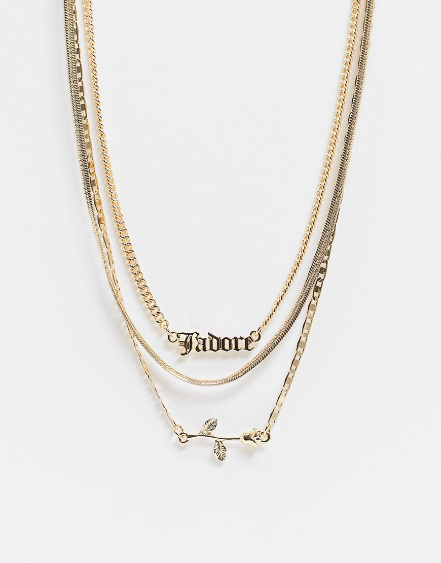 ASOS DESIGN multirow necklace with gothic font j'adore and rose pendant gold tone