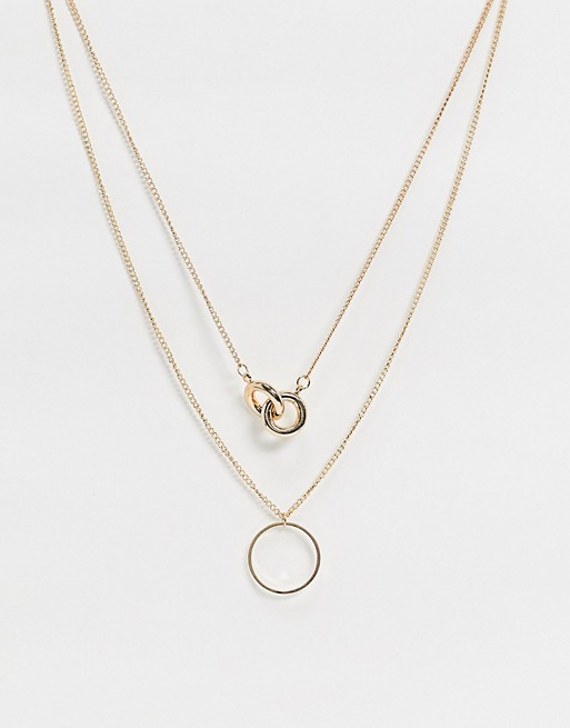 ASOS DESIGN multirow necklace with knot pendant and open circle in gold tone