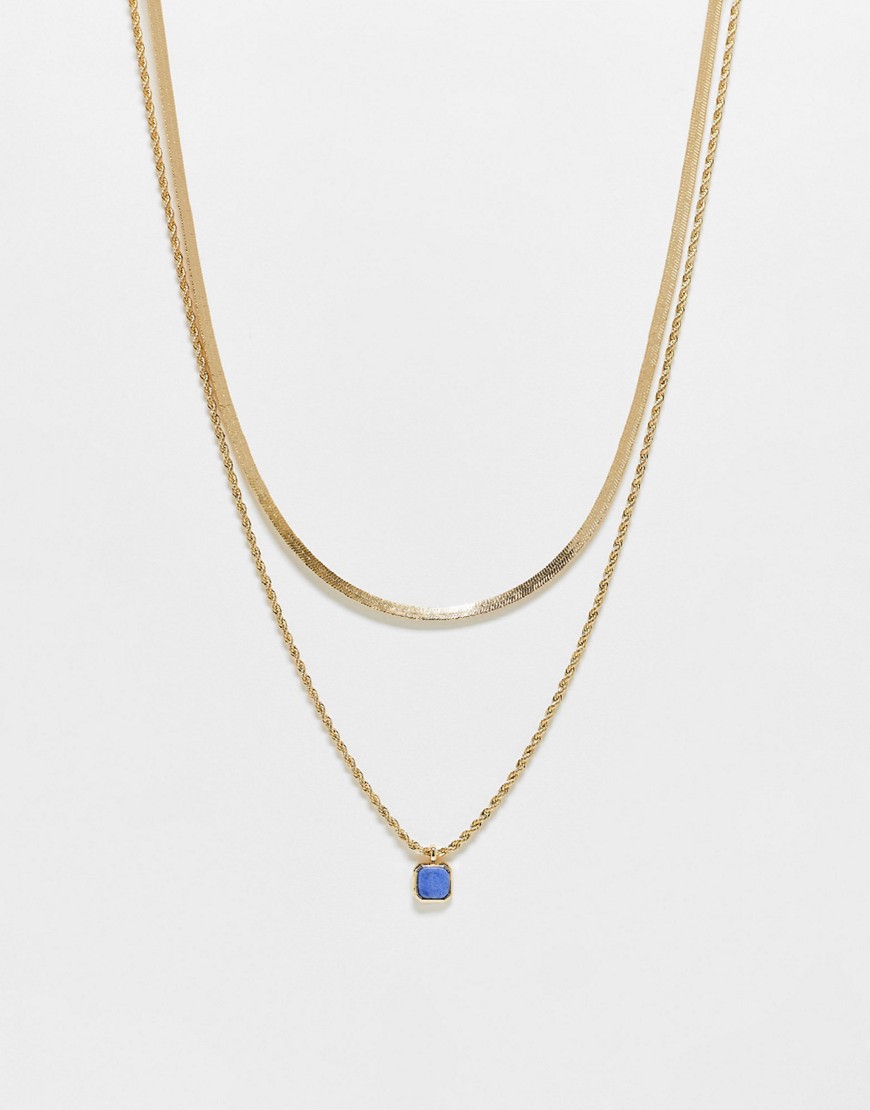 ASOS DESIGN multirow necklace with lapis look pendant in gold tone